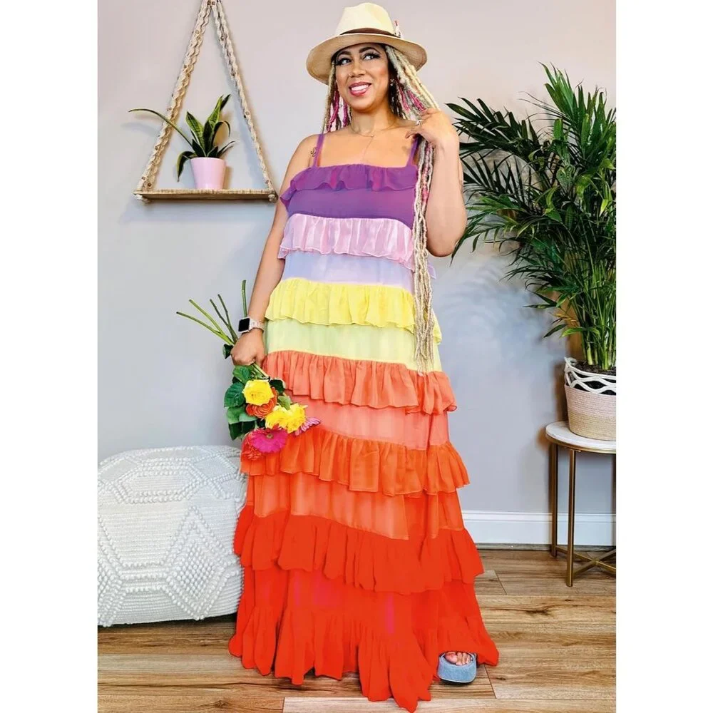 Womens Rainbow Ruffled Maxi Dress Sewing Pattern R11895‎ Size 8-16 MIMI G